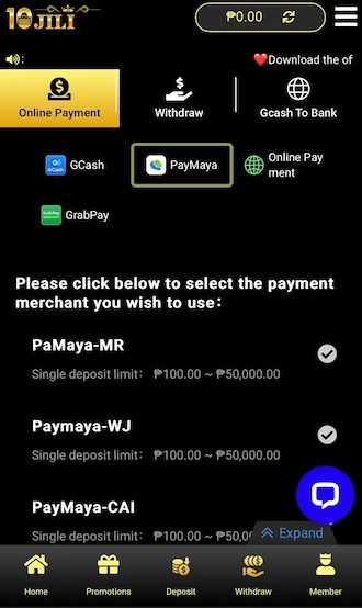 Step 2: On the Online Payment page, bettors should choose the deposit method as PayMaya and choose a suitable PayMaya payment channel.