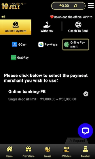Step 1: select the deposit method as Online Payment and select a suitable Online Payment channel