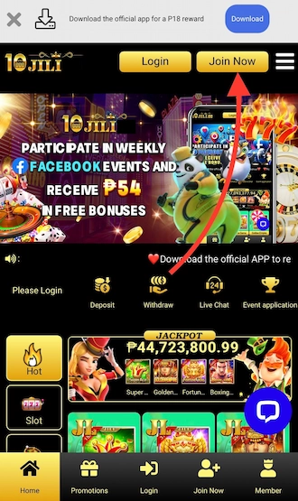 Step 1: 10 JILI casino login and select “Join Now”.